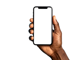 Closeup of a darkskinned hand holding a modern smartphone with a blank white screen transparent background