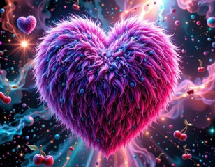 Surreal Valentine's Day: Furry Heart Planet in a Glitter Galaxy with Cherry Satellites - Dopamine Decor