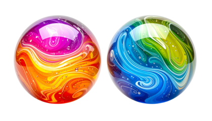 Two vibrant, glossy orbs with swirling, colorful patterns, isolated against black