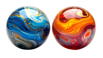 Two glossy spheres, one blue with gold, the other red with yellow swirls, floating on black