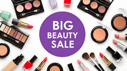Big beauty sale with makeup products and cosmetics