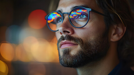 Man with glasses looks at colorful reflections while focused on work during evening hours