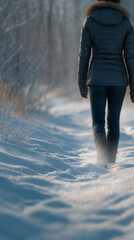 Woman walking snowy trail close-up