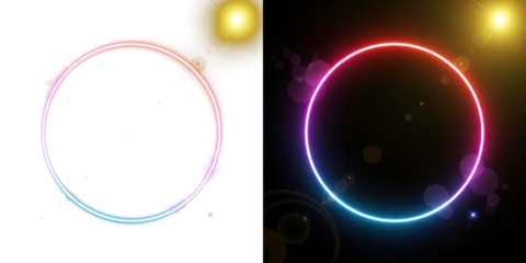 A vibrant neon circle glows brightly against a dark background with colorful lights