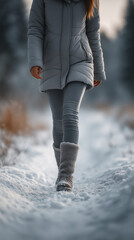 Woman walking snowy trail close-up