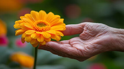 Hand reaches out to touch bright yellow flower in garden during sunny day, showcasing nature's beauty and growth