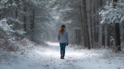Woman walking snowy trail 