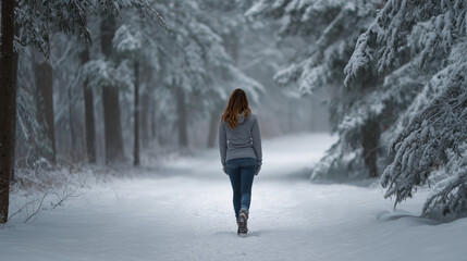 Woman walking snowy trail 