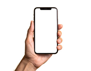 Hand holding a modern smartphone with a blank white screen for copyspace isolated on transparent background transparent background