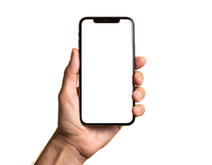 Hand holding a modern smartphone with a blank white screen for copyspace isolated on transparent background transparent background
