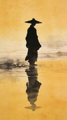 Ink Wash Painting of a Lone Wanderer in a Bamboo Hat Walking in Shallow Water with Reflection, Warm Monochrome Tone Capturing a Serene and Solitary Mood