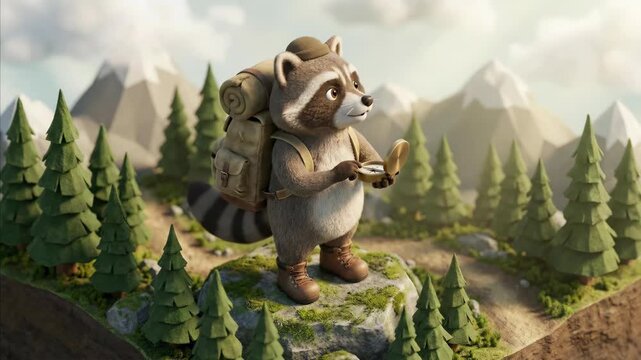 Animated male raccoon explorer with compass on a mountain trail finding direction, a looped journey for cartoon animation
