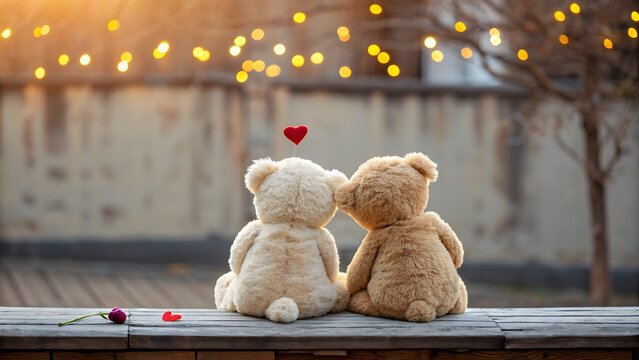 Couple Teddy Bears Kissing with Love Heart, Romantic Valentine's Day Scene