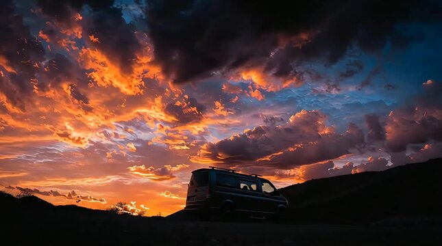 Dramatic sunset over a remote landscape with a van silhouetted against the vibrant sky
