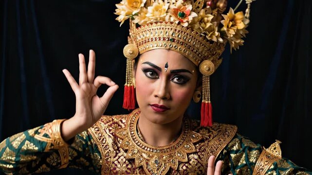 Woman dancer in traditional Balinese costume performing sacred dance. Indonesian female artist in ornate ritual attire.