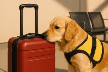 Golden retriever assistance dog waiting with red suitcase in airport terminal seating area, emotional support animal traveling