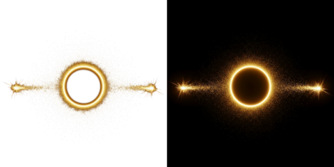 A stunning visual representation of a solar eclipse with bright yellow rings and starbursts against a dark background