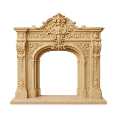 PNG Ornate stone fireplace with carvings.