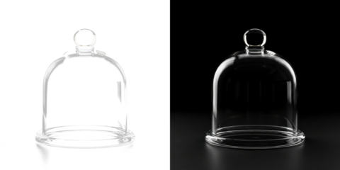 Two clear glass cloches on a black background, perfect for showcasing delicate items in a sophisticated setting.