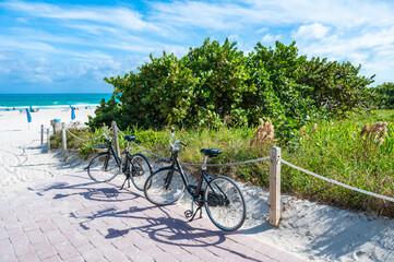 Bicycles Parked at the Beach of Miami, South Beach