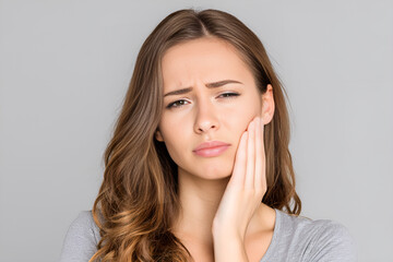 Młoda kobieta z bólem zęba trzyma policzek, problem stomatologiczny i dyskomfort, wrażliwość oraz potrzeba wizyty u dentysty.