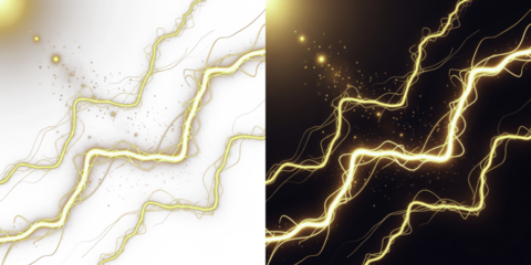 A dramatic display of bright yellow lightning bolts against a dark background with sparks and glowing effects