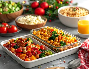 Festive holiday feast colorful bowls of food centered on a white tray with healthy and delicious dishes displayed