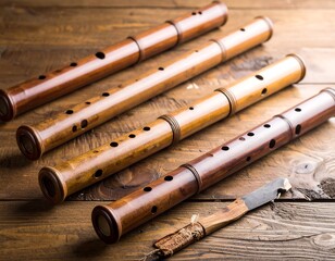 Four brown wooden flutes aligned on a textured wooden surface, showcasing their holes and polished finish, and a small tool