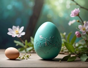 Easter scene decorated turquoise egg, small brown egg, white & pink flowers, wooden surface, green background