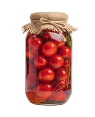 canned cherry tomatoes in glass jar, preserved food.