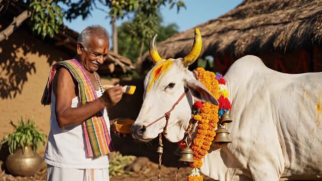 Indian Farmer Smiling While Painting Cow Horns Yellow for Mattu Pongal Celebration. Decorated Bovine with Marigold Garland and Brass Bells in Rural Setting for Cultural Blogs, Festival Websites,