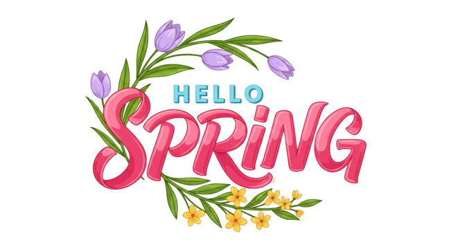 Hello Spring floral wreath, vibrant tulips and yellow flowers, fresh season greeting for marketing, web design, joyful celebration