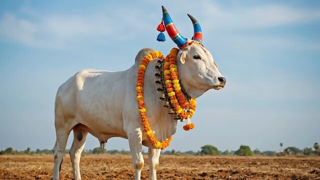 Indian Sacred Bull decorated for Mattu Pongal Festival, adorned with marigold garland and colorful horns, showcasing Pongal celebration tradition, cattle worship ritual,