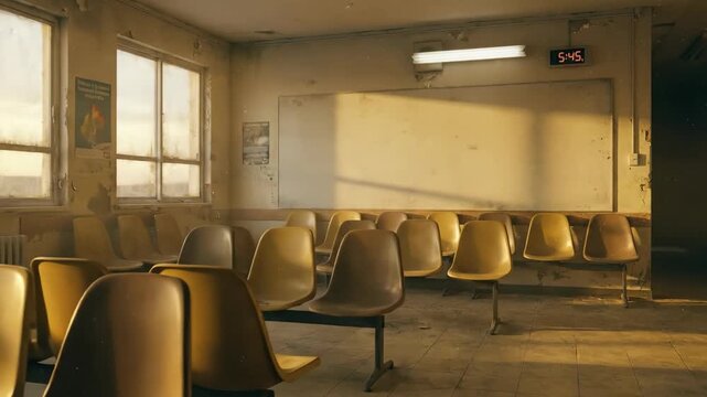 Empty retro waiting room sequence. Rows of orange plastic chairs in abandoned space. Sunlight transitions to fluorescent lighting in 80s vhs style nostalgic interior.