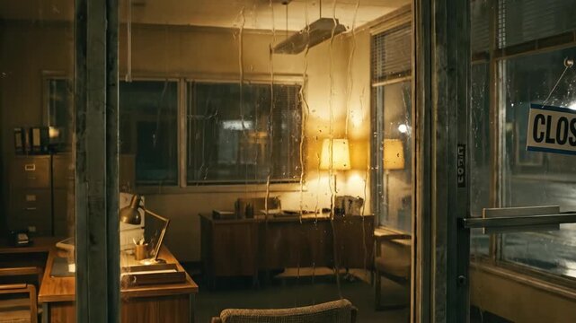 Closed retro office at night viewed through glass door. Warm lamp lit 80s workspace with vintage computer and desk. VHS aesthetic nostalgic business scene after hours.