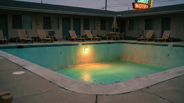 Retro motel pool at dusk with neon sign glowing. Empty 80s vhs aesthetic swimming area. Nostalgic abandoned lounge chairs and illuminated water in roadside lodging scene.