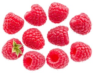 Group of raspberries scattered on a white backdrop showcasing their vibrant color, freshness, and intricate details