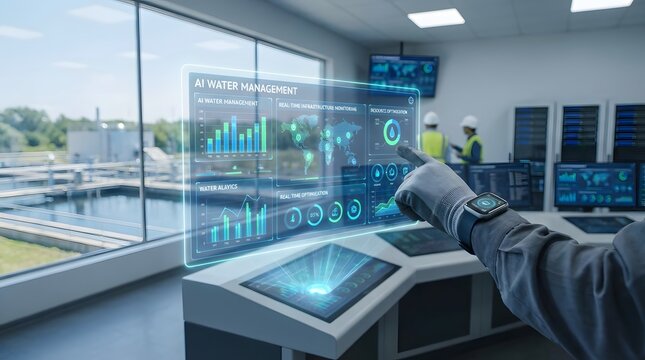 Advanced AI-powered water management system with holographic interface in a modern control room, optimizing resource efficiency and environmental sustainability
