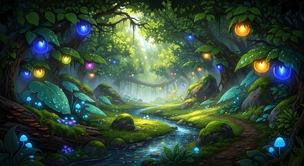 Fototapeta premium Enchanted forest scene with glowing lights and lush greenery illustration