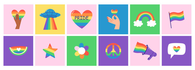 Bright square poster collection with pride-themed elements representing love, diversity and equality. Hand drawn vector illustration. 