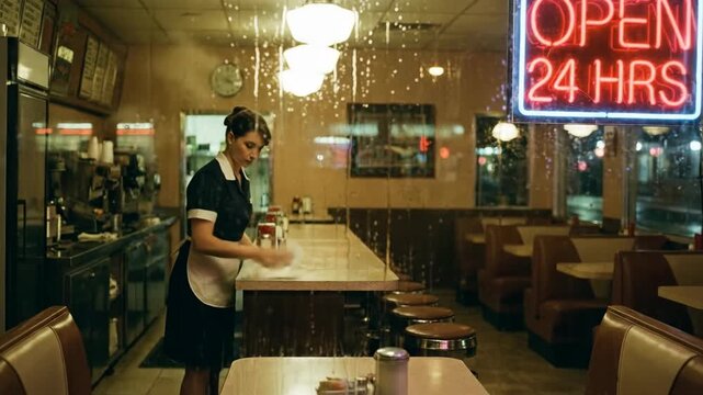 Woman waitress entering retro diner at night. Serving and cleaning counter in 24-hour establishment. Vintage 80s vhs aesthetic video sequence of late-night service.