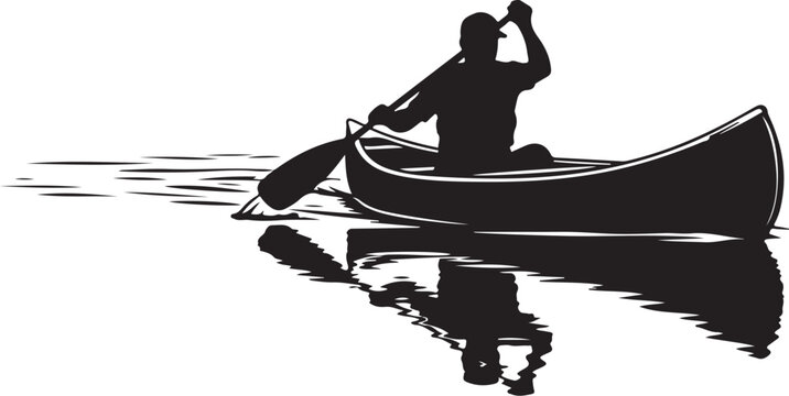 Man in a canoe paddling on calm water silhouette