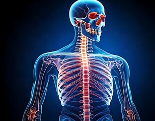 Eerie view of a translucent human anatomy showing skeleton structure on a dark blue background, red accents