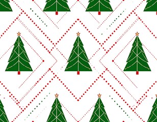 Festive pattern with green Christmas trees, red trunks, golden stars, and dotted lines on a clean white background