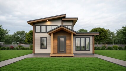Fototapeta premium adu+housing Modern house design featuring a mix of wood and contemporary architecture in a landscaped setting.