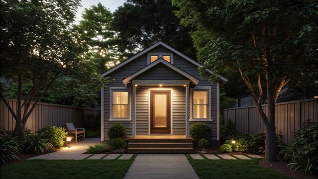 adu+housing A cozy, modern house surrounded by lush greenery and a well-lit entrance pathway.