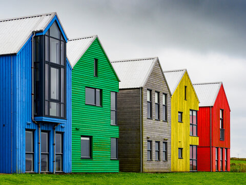 Colorful modern houses by the seaside in Wick, Scotland