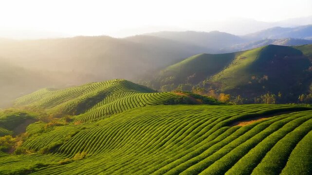 Breathtaking Green Tea Plantations: Aerial Drone Tour of Lush Hills