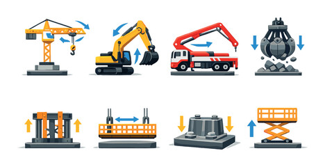 Obraz premium Set of colorful construction equipment icons with cranes and excavators