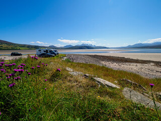 Motorhomes parked by a Scottish loch with mountains and wildflowers